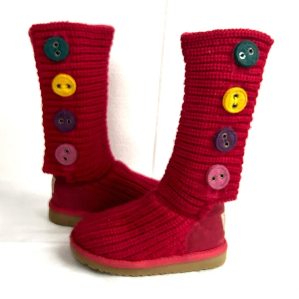 UGG Kids High Red Knit Boots with Multicolor Buttons‎
